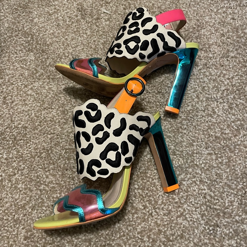Sophia Webster Dionne leopard mules with neon sz 37.5 7-7.5